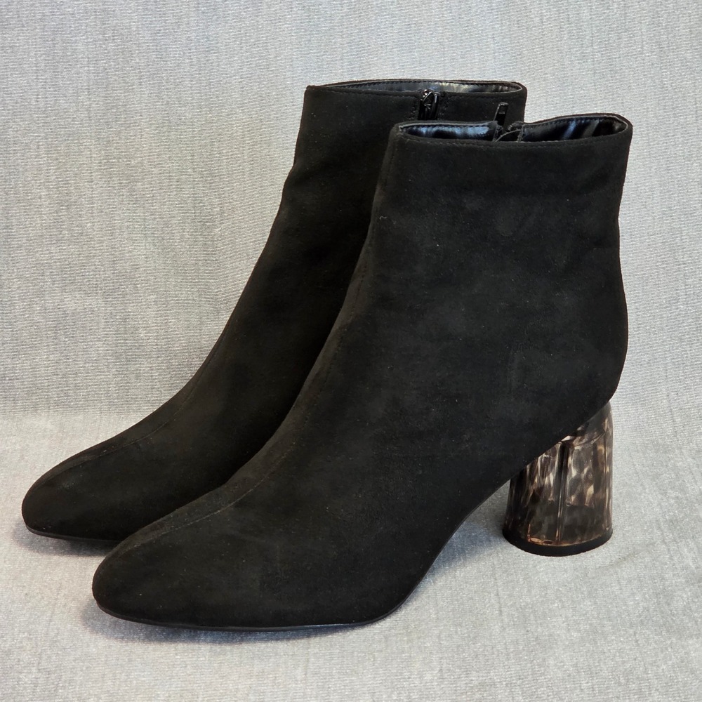 Boohoo Ankle Boots Women 10 Black Faux Suede Clear Tortoiseshell Heel Mob Wife